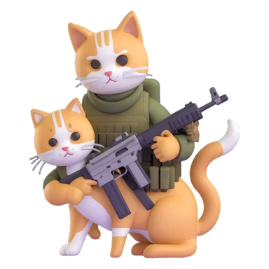 Man in tactical airsoft gear holding a gun in one hand and a white and brown cat in the other hand sticker