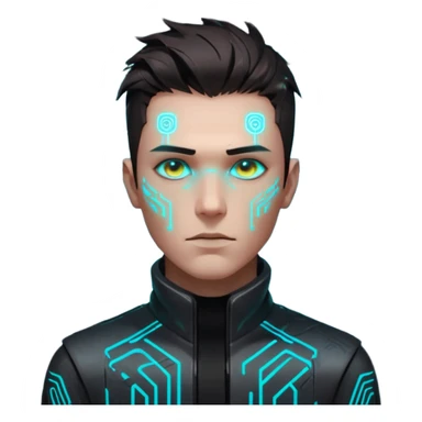 Cyberpunk male head, messy dark hair, glowing circuit patterns tracing from neck to temple, eyes reflecting shifting neon code, clean-shaven, futuristic minimalist aesthetic. sticker