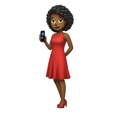 a girl in a red dress holding a cell phone sticker