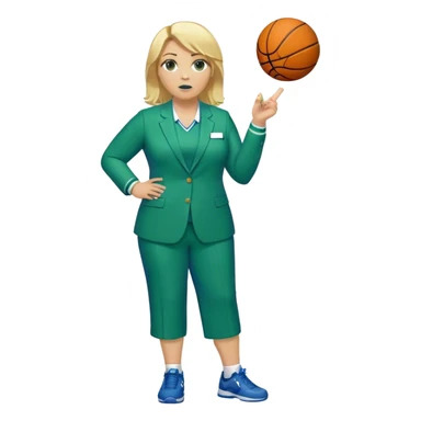 Full Body white plus size female basketball head coach with whistle  blonde hair past the shoulder length in a blue and green suit sticker