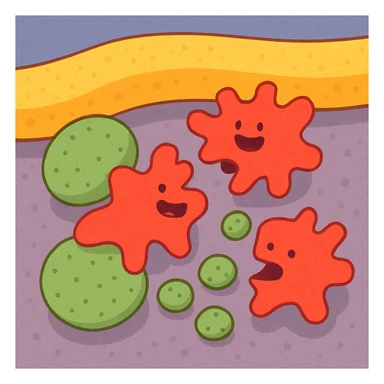 A realistic really detailed of enzymes (red) breaking down starch (green) near a cell membrane (yellow). Macro photography style. No labels. sticker