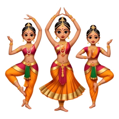 Cinematic Realistic Bharatanatyam Dance Emoji, depicted as an elegant classical Indian dance performance with graceful poses, intricate costumes, and expressive hand gestures, rendered with rich textures and warm dramatic lighting that captures its timeless beauty. sticker