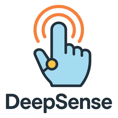 modern simple logo for 'DeepSense' with a stylized touch icon such as a finger with radiating lines or waves, conveying robots sensing through touch, minimal colors, smooth curves sticker