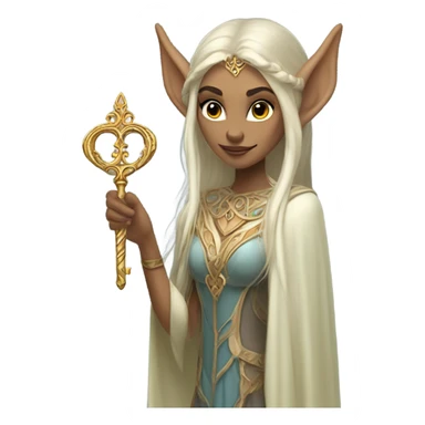 an elf woman login holding a big key sticker