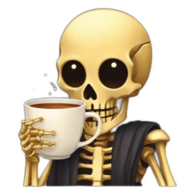 a golden skeleton with hair and golden eyes drinking tea pixel art sticker