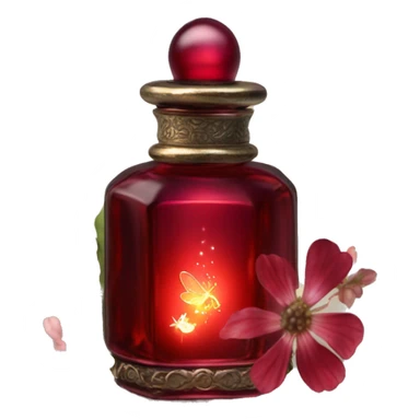 Dark red magic fairy light sparkling old Antique oil perfume bottle with herbal and flowers sticker