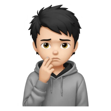 generate a pretty fair bratz boy with black messy hair looking sad with one hand on chin.  Wearing a grey hoodie sticker