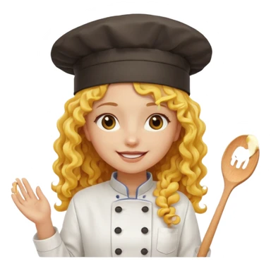 girl, yellow Long curly hair, happy, wearing chef uniform and chef hat sticker