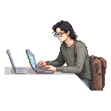 Guy with 3 inch long black hair and glasses on his laptop sticker