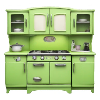 Isolated full length Realistic lime green vintage retro kitchen range with cabinets and counters. sticker