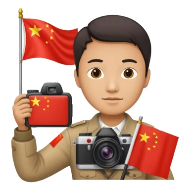 A Chinese man with a Chinese flag and a camera sticker