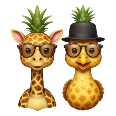 Hybrid of giraffe and chicken wearing pineapple sunglasses with a top hat sticker