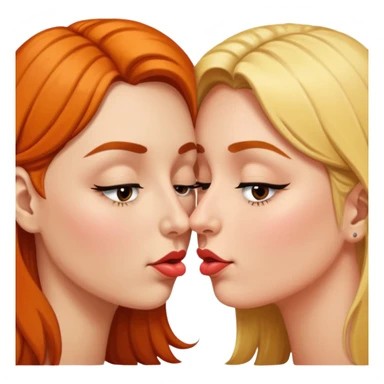 portrait two women nose-touch then kiss, one eye open teasing sticker