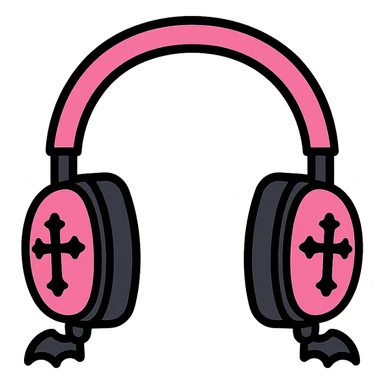 pink gothic headphones with black outlines, pink and black gothic accents, color outline style sticker