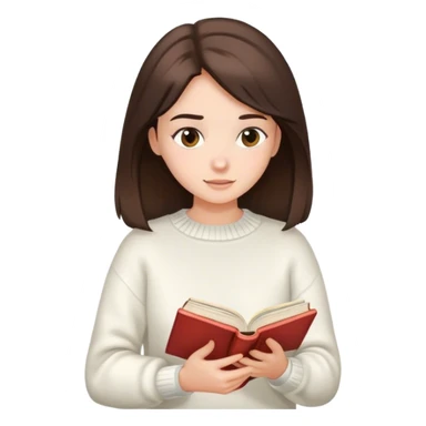 brunette girl in a white sweater reading a book in her hands sticker