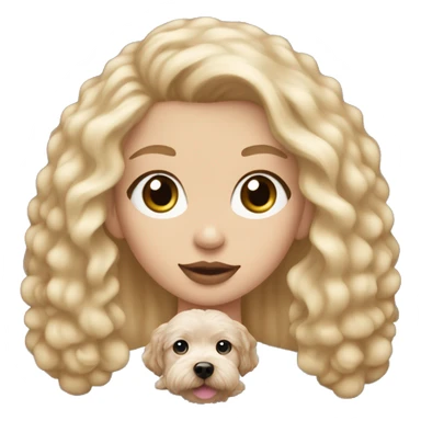 Blonde girl with long straight hair with blue eyes with pink lips holding a brown maltipoo sticker