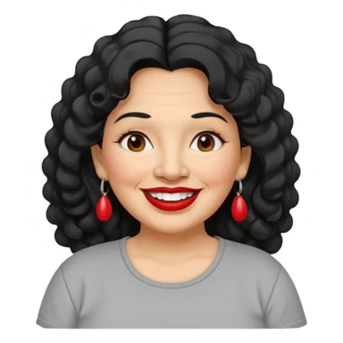 60 yr old Mexican woman, slightly chubby, wavy/curly long black hair, red lipstick, big smile, white teeth, brown eyes, hoop earings, side part to hair, round face, grey t shirt, hair side swept, big hoop earing sticker