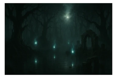 dark, mysterious swamp with will-o'-the-wisps, gothic fantasy style sticker