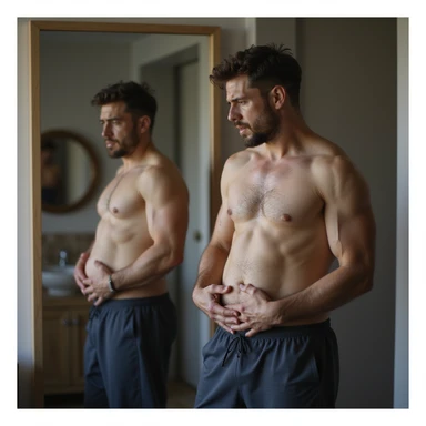 30-year-old man in sportswear looking at himself in the mirror with a frustrated expression, touching his belly, domestic environment, hyperrealistic details, 4K resolution sticker