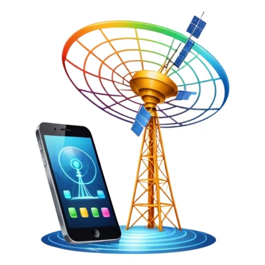 An icon featuring a satellite dish, a cell tower emitting signals, and a smartphone displaying a chat interface. The design includes fiber-optic cables and data waves, symbolizing global communication, connectivity, and information exchange. Transparent background. sticker