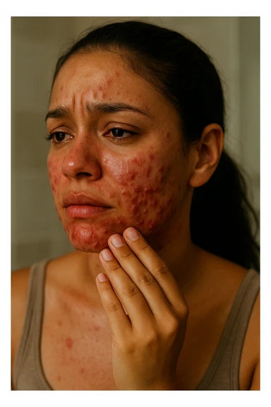 A highly realistic, cinematic portrait of a young woman in her late 20s with medium skin tone, showing visibly inflamed, deep cystic acne along her jawline, cheeks, and chin. Her skin appears red and irritated around the acne nodules, with noticeable swelling and tenderness, illustrating the painful nature of cystic acne linked to PCOS. Her facial expression shows discomfort and emotional distress, with slightly teary eyes as she gently touches an inflamed area on her jawline with her fingertips. Her hair is pulled back to clearly show the acne areas, and her skin has a slightly oily texture due to androgen-related sebum overproduction. The environment is a softly lit bathroom with neutral daylight, emphasizing the skin texture, redness, and deep acne. The style is realistic, 35mm cinematic photography with warm, neutral tones, soft shadows, and clear skin detail, providing a compassionate yet direct visualization of PCOS-related cystic acne sticker