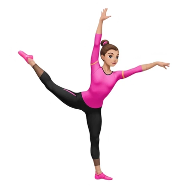 A female gymnast with brown hair in a neat bun, wearing black leggings and a T-shirt with neon pink elements, performing an acrobatic move. sticker