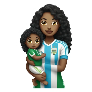Girl with long black curly hair wearing a half Argentina half Nigerian jersey holding a baby  sticker