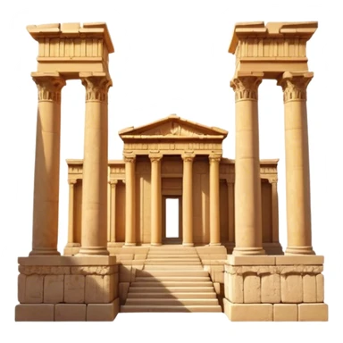 Baalbek temple – Cinematic Realistic Baalbek Temple, depicted as an ancient Roman temple complex with towering columns and intricately carved stone details, bathed in golden sunlight and dramatic shadows that evoke timeless historical grandeur. sticker