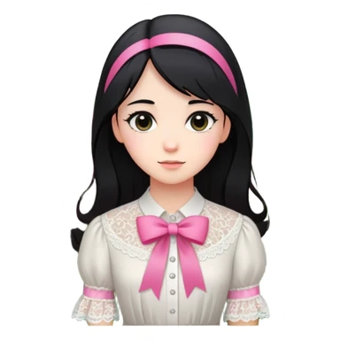  A girl with straight hair, a pink ribbon in her hair, and a white lace blouse, standing in a blooming garden. sticker