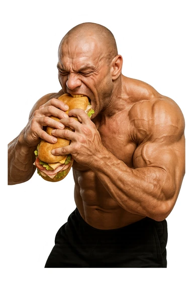 bodybuilder che mangia affamato un panino, iperrealistico 4k sticker