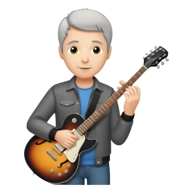 a short grey hair, middle age metal head with a classic epiphone eletric guitar sticker