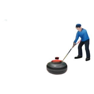 An icon showing a curling match on an indoor ice stadium, with a polished curling stone gliding toward the target and players sweeping. Spectators watch from stands, and flags hang above the rink. Transparent background highlights strategy and focus in the sport of curling. sticker