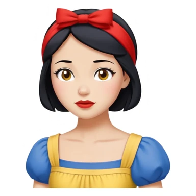 Snow White from hips up, blue top with yellow skirt, short black hair with red headband, minimal style but clearly recognizable sticker