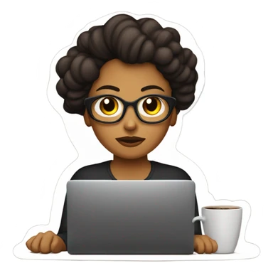 Mujer con playera negra con logo de grano de café trabajando frente a una laptop  sticker