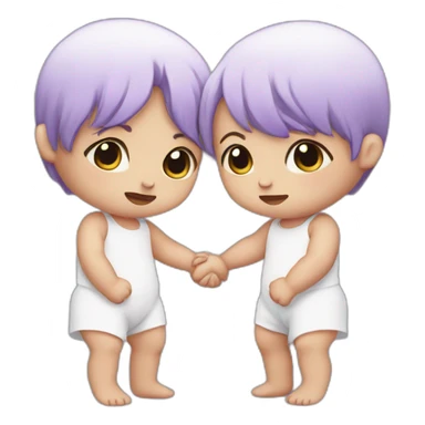 two crying white babies holding hands, one has purple hair sticker