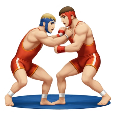 An icon symbolizing Greco-Roman wrestling, showing two wrestlers locked in a powerful grip, focusing on upper-body techniques. The background features a wrestling mat, with the athletes wearing traditional singlets. Transparent background highlights the strength and skill of the sport. sticker
