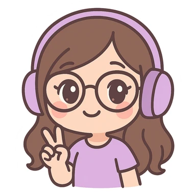 female brunette with glasses and a purple gaming headset, chibi style, making a peace sign sticker