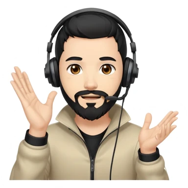 Anime style man with black hair, brown eyes, and black beard wearing gaming headset and applauding, anime art style sticker