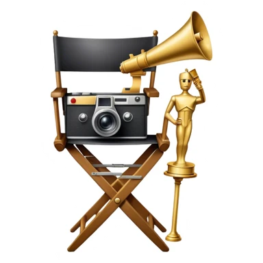 Professional icon for Directing: a collage featuring a director's chair, a film camera, a megaphone and an Oscar trophy. The icon should represent the craft and creativity of film directing, with emphasis on leadership and cinematic artistry. Transparent background. sticker