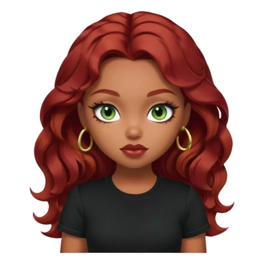 a pretty fair bratz girl with wavy dark red hair, wearing a black tee. eyeliner on, forest green eyes. Waist up sticker