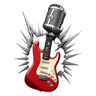 Create a powerful and dynamic humanless emoji representing rock vocals. The design should feature a classic vintage microphone with a rugged, distressed look, surrounded by elements like a guitar pick, electric guitar neck, and sound waves to reflect the raw energy of rock music. Add subtle details such as a spiked bracelet, leather textures, or bold lightning bolts to evoke the rebellious and intense spirit of rock. Use dark, edgy colors like black, red, silver, and metallic accents to emphasize the fierce, loud, and passionate nature of rock vocals. The background should be transparent. sticker