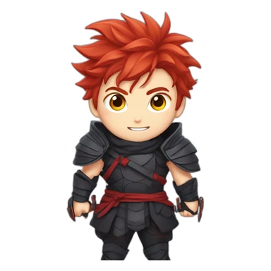Anime boy with Red hair, ninja outfit, with cheeky grin and pointy fluffy hair with a sword in a defense stance, alone sticker