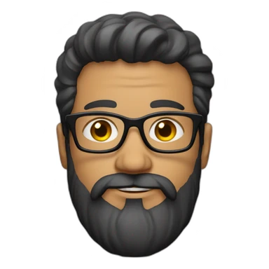 White man with a sun kissed tan. His hair is black, styled sideways backwards. He has a beard and mustache trimmed. Wears s black t-shirt and grey glasses sticker