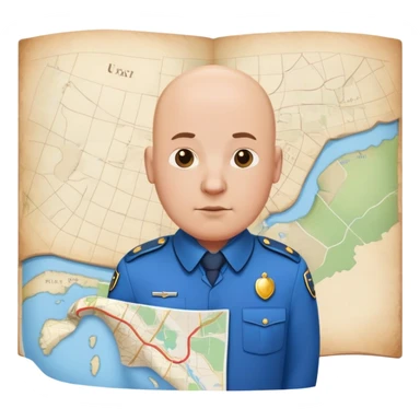 bald a bit fat man in a blue uniform stand before a map sticker