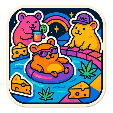 square Discord server icon, retro 80s/90s nostalgia style, hamsters at a pool party with weed leaves, cheese, THC details, neon colors, geometric shapes, playful bold outlines, centered clear fun composition sticker