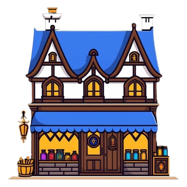 Fantasy merchant shop with medieval storefront and magical items displayed sticker