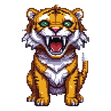 saber-toothed tiger with extremely small body and enormously exaggerated fangs, tiny creature with giant teeth that are much bigger than its whole body sticker