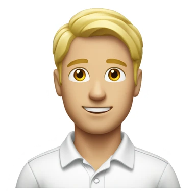 a blond guy in a white polo with a photo ID. sticker