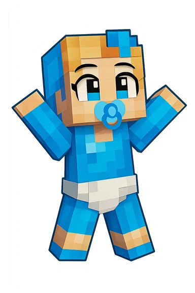 Extract only the Minecraft baby character in blue and white from the image, place it on a transparent background, and keep the original Minecraft cartoon style and appearance. sticker