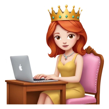Redhead with crown on her head sat at the desk with MacBook and pink chair  sticker